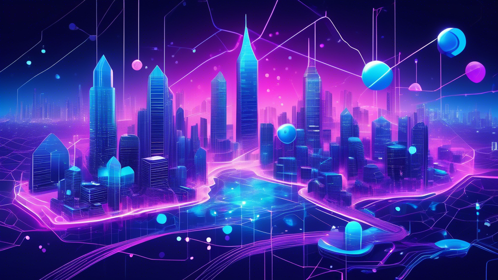 Create a visually striking digital illustration of the Polkadot crypto ecosystem, showcasing interconnected blockchains and nodes with a futuristic cityscape in the background. Highlight innovation and interoperability with dynamic, glowing paths representing data flow and connectedness. Use a color palette of vibrant blues, purples, and silvers to evoke a sense of cutting-edge technology and seamless integration.