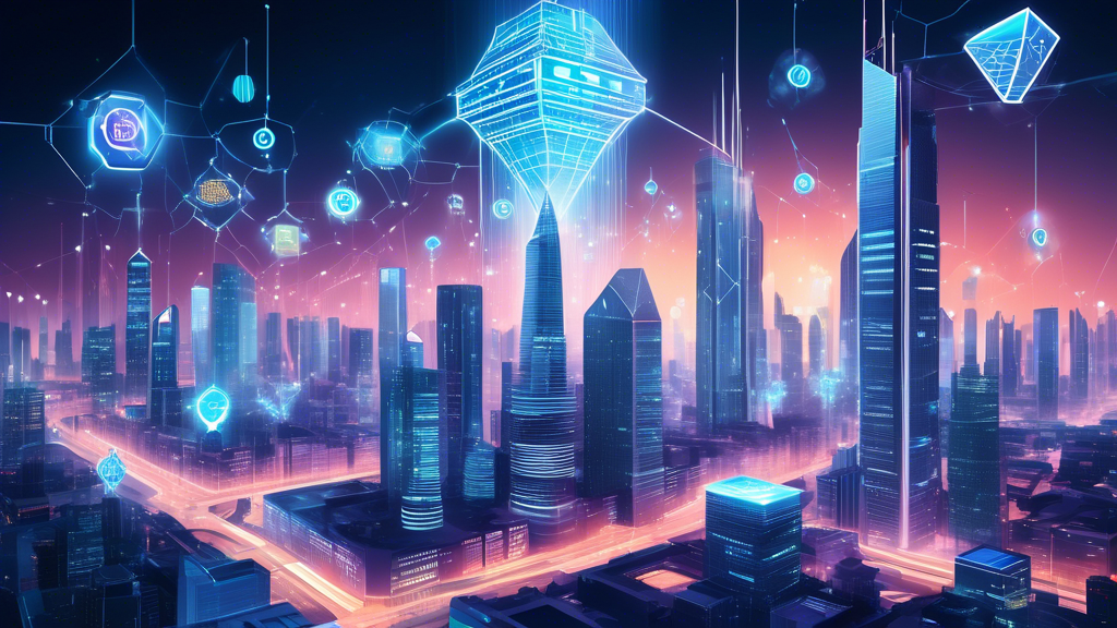 Create an image depicting a futuristic urban landscape that seamlessly integrates advanced blockchain technology and digital finance. Central to the image, include a towering building labeled Crypto Bank, with holographic displays of cryptocurrencies like Bitcoin, Ethereum, and others. Surround the scene with elements such as autonomous drones delivering goods, people using smart devices for transactions, and digital billboards showcasing blockchain innovations. The overall atmosphere should radiate a sense of technological advancement and trust in the digital financial system.