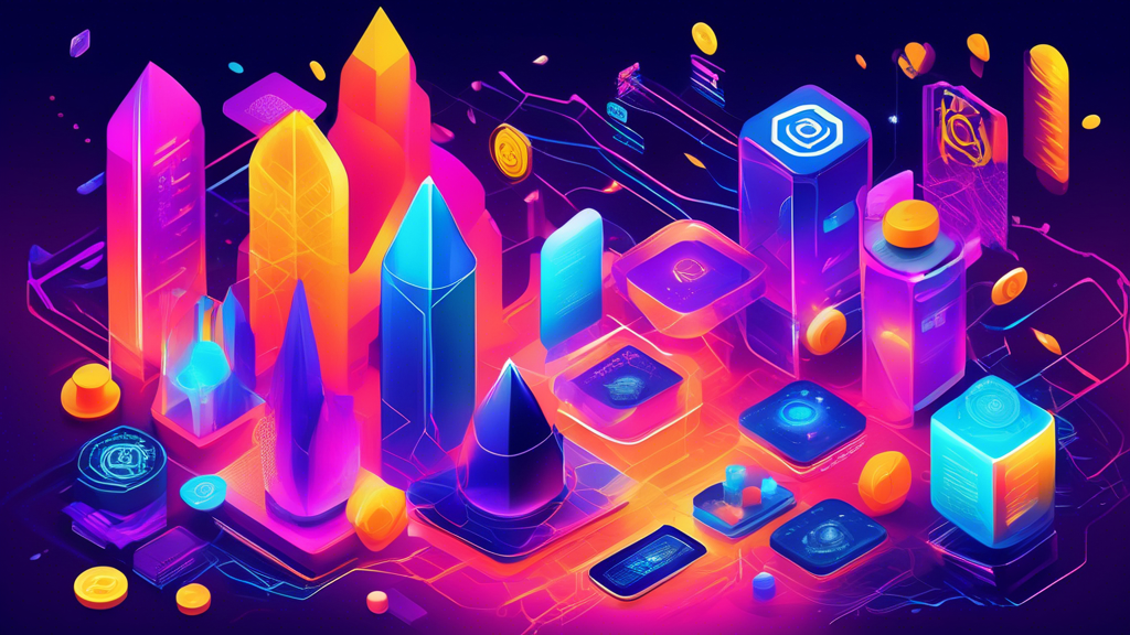 Create a vibrant and futuristic digital artwork showcasing a bustling crypto ecosystem. Highlight innovative technologies and projects, with digital coins, blockchain networks, and decentralized applications. Include elements representing the dynamic growth of top 10 crypto projects to watch in 2023. Use a blend of bold, bright colors and sleek, modern aesthetics to convey the excitement and potential of the crypto landscape.