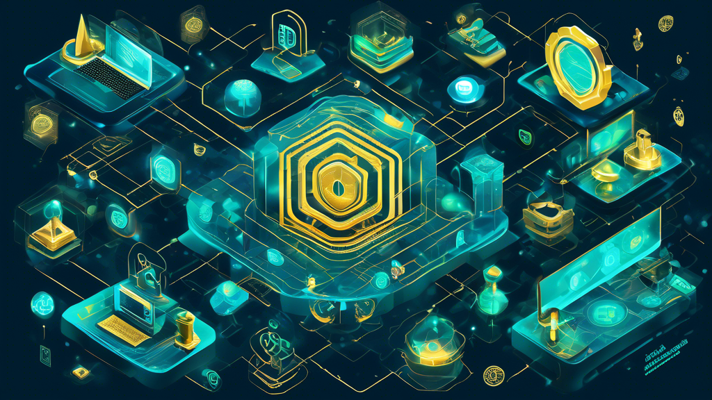 Create a detailed and visually engaging digital illustration that showcases the Terra Blockchain Ecosystem. Include elements such as blockchain technology, cryptocurrency symbols, decentralized finance (DeFi) applications, and smart contracts. Highlight the comprehensive integration and interaction between these components. Use a modern and futuristic color palette with shades of blue, green, and gold to represent innovation and technology.