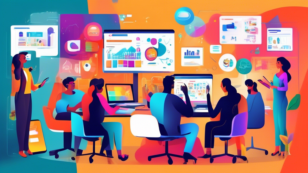 An artistic representation of a digital marketing strategy meeting, featuring diverse professionals brainstorming in a modern office setting. Show various social media platforms on screens, colorful graphs, and creative advertisements around them. Incorporate elements like smartphones, laptops, and a whiteboard with ideas like 'target audience', 'engagement', and 'content creation'. Use a vibrant and dynamic color palette to convey innovation and collaboration.