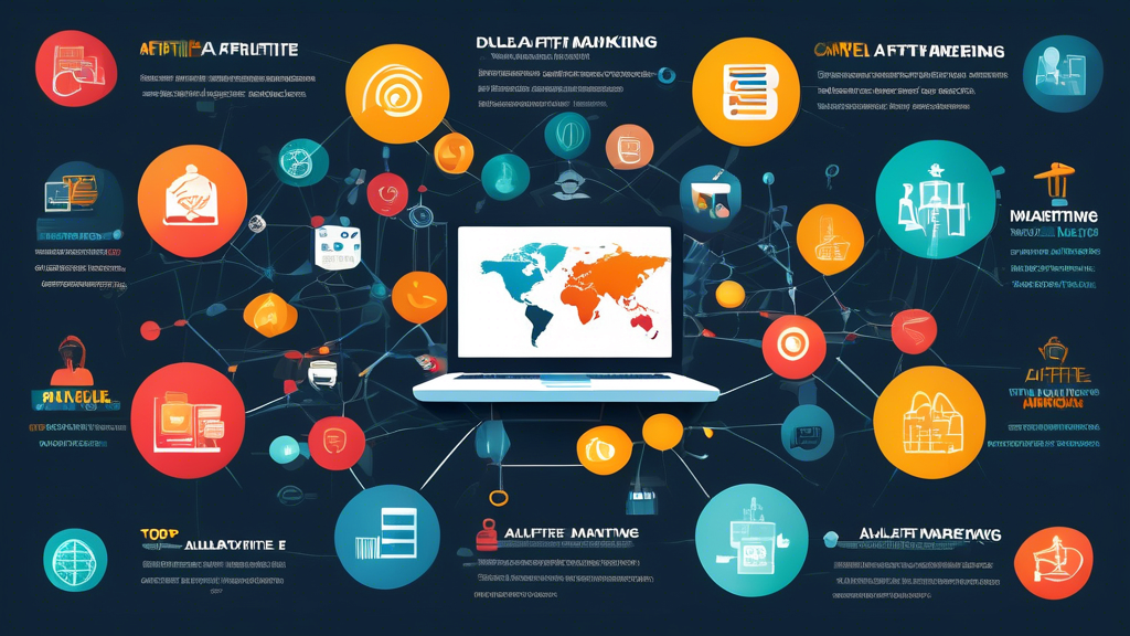 Create an illustrative infographic showcasing the top affiliate marketing networks, featuring vibrant icons representing each network along with brief descriptions of their unique features. Include elements such as a laptop with data analysis, dollar signs for earnings, and diverse individuals engaging with technology to emphasize the global reach and opportunities in affiliate marketing. Use a clean, modern design with a color palette that conveys professionalism and creativity.