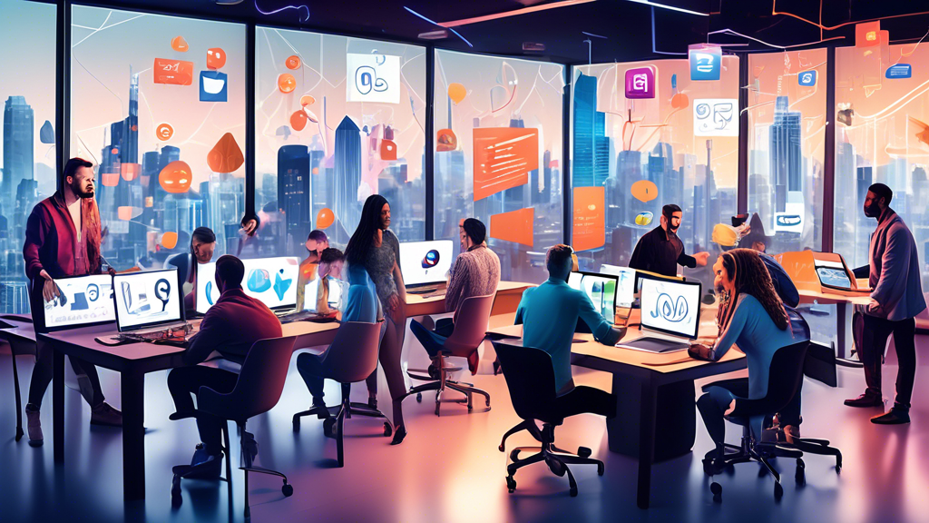 An engaging visual representation of a bustling social media ad agency at work. The scene includes a diverse team of creative professionals collaborating over a digital campaign on laptops and tablets, vibrant charts and ad mockups displayed on screens. In the background, a large window shows a modern city skyline, and floating social media icons are visually intertwined with the team's brainstorming sketches, symbolizing the boost in online presence for brands. The atmosphere is dynamic and innovative, showcasing the impact of social media marketing.