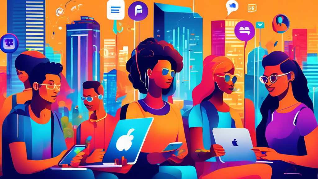 An engaging and visually striking illustration of a diverse group of individuals actively using various social media platforms on their devices, surrounded by vibrant icons representing ads, hashtags, and engagement metrics. The background should feature a colorful cityscape that symbolizes connectivity and the digital world, emphasizing the impact of social media advertising on modern communication and marketing.