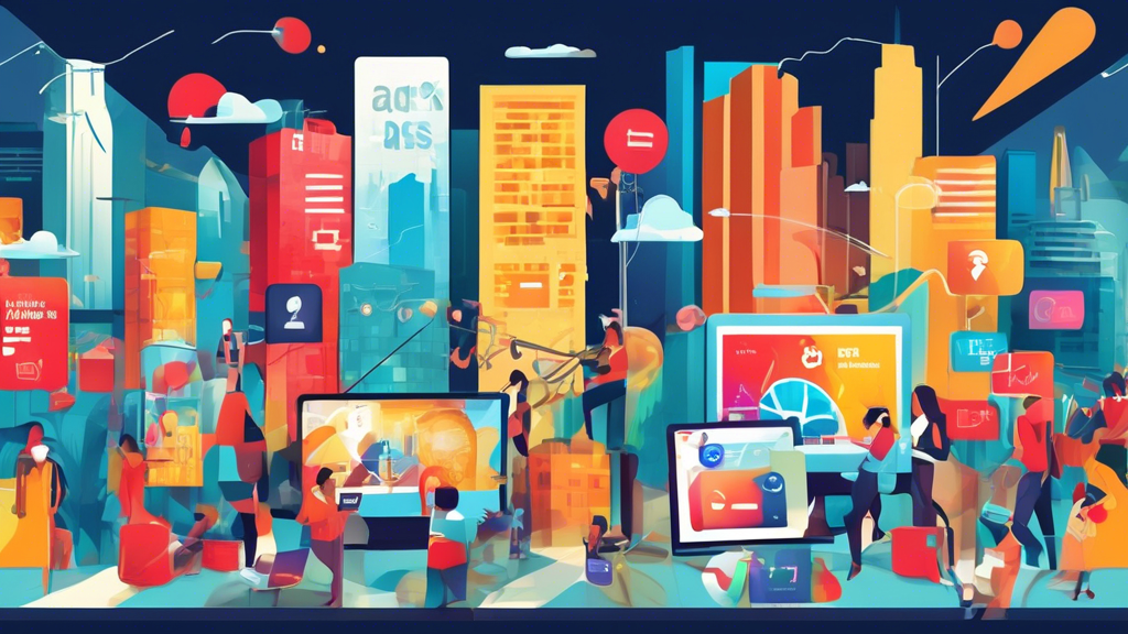 Create a visually engaging illustration that represents the concept of maximizing online reach through Google Display Ads. The image should feature a colorful digital billboard filled with various advertisements targeted at diverse audiences. Include elements like laptops, smartphones, and analytics graphs showing increased engagement. The background should depict a bustling urban landscape, symbolizing the vast online marketplace.