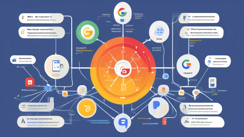 An informative infographic illustrating the structure and key components of the Google Ad Network, including elements like display ads, search ads, programmatic advertising, and their interconnections. The design should be visually engaging, using a modern color palette and clear icons to represent each component, along with concise text explanations for each part of the network, set against a digital marketing backdrop.