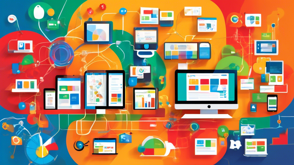 Create an informative and engaging visual representation of the Google Display Network. Include elements like computer screens displaying various ad formats, a network of interconnected devices, colorful advertisements, and graphical charts showing audience engagement metrics. Use a modern and tech-savvy design to convey the concept of digital marketing and online advertising.