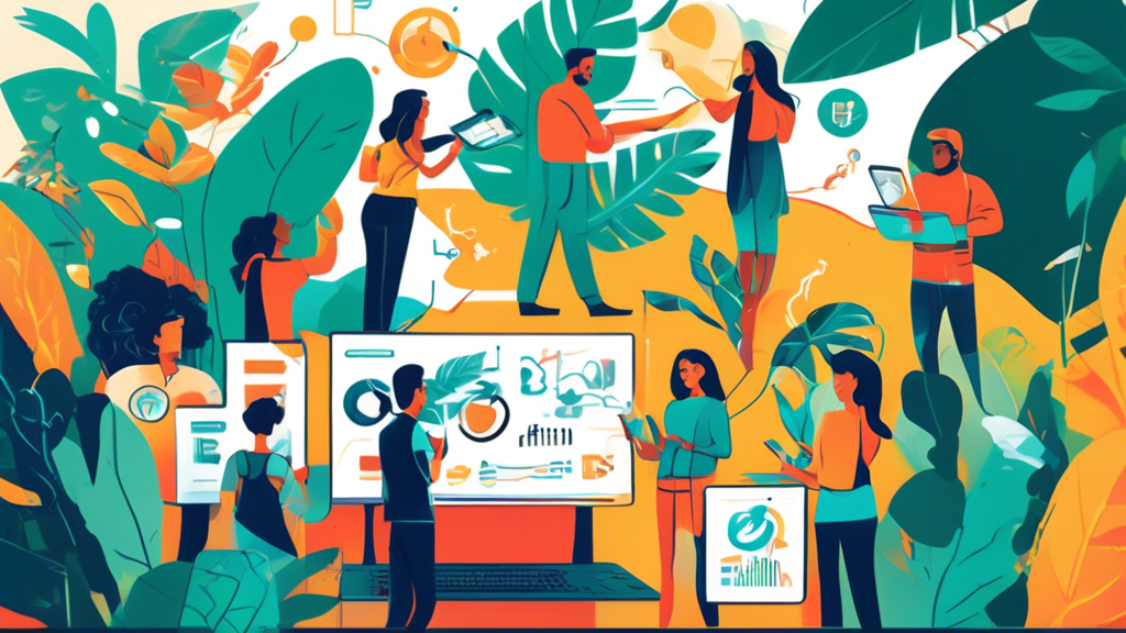 Create an illustrated guide cover that conveys the concept of the Amazon Ads Partner Network. The image should include elements like a vibrant jungle representing the Amazon rainforest, with eye-catching graphics of digital ads and marketing symbols such as megaphones, charts, and social media icons. In the foreground, showcase diverse professionals collaborating around a digital tablet, analyzing data and brainstorming. Use bright colors and a modern, sleek design to reflect innovation and success in advertising. Include the title Exploring the Amazon Ads Partner Network: A Guide to Advertising Success prominently on the cover.