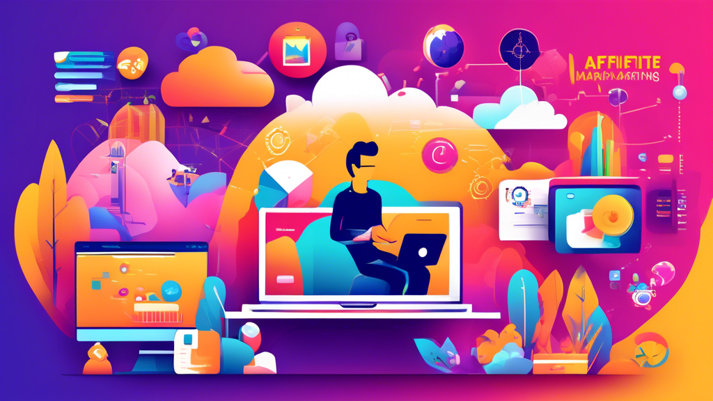 Create an illustration of a thriving digital landscape, showcasing various affiliate marketing programs. Include vibrant icons representing different niches like travel, technology, fitness, and fashion. Feature a laptop or desktop with charts showing rising earnings, along with happy people engaging in online marketing activities. Use a bright and inviting color palette to visualize the growth potential of affiliate marketing, emphasizing collaboration and success.