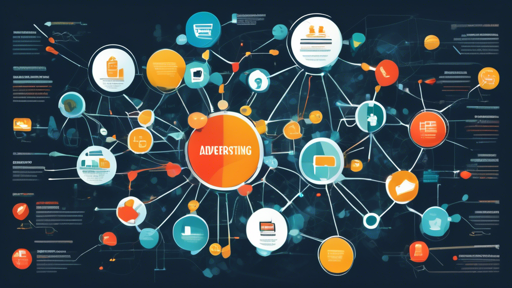 Create an informative and visually engaging infographic that illustrates the concept of advertising networks. Include elements like interconnected nodes representing different advertisers, publishers, and ad exchanges. Incorporate graphical icons for digital devices, various advertising types (display, video, social media), and flowcharts showing the flow of information and transactions within an advertising network. Use a vibrant color palette to enhance readability and visual appeal.