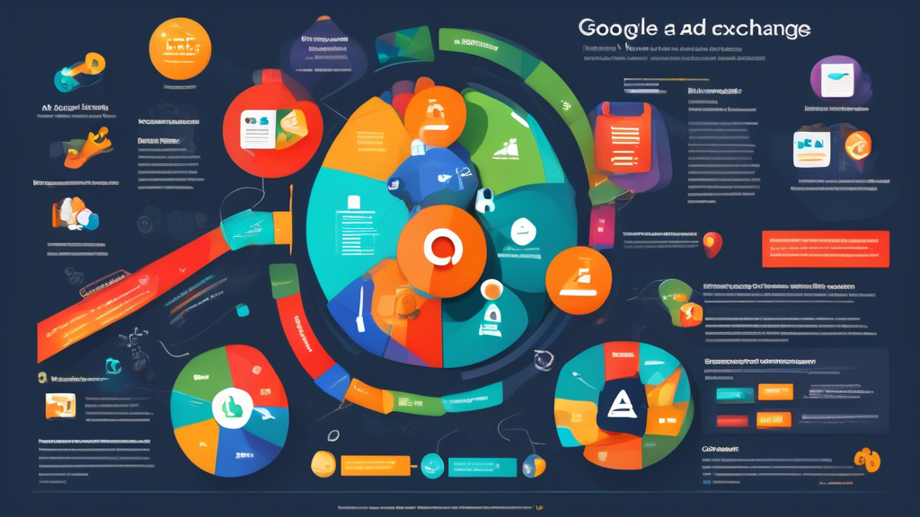 Create an informative and visually appealing infographic that illustrates the concept of Google Ad Exchange. Include elements such as digital ad placements, the process of real-time bidding, a representation of advertisers and publishers, and key terms like 'impressions', 'CPM', and 'programmatic advertising'. Use a modern, clean design with vibrant colors and intuitive icons to enhance understanding of the topic.