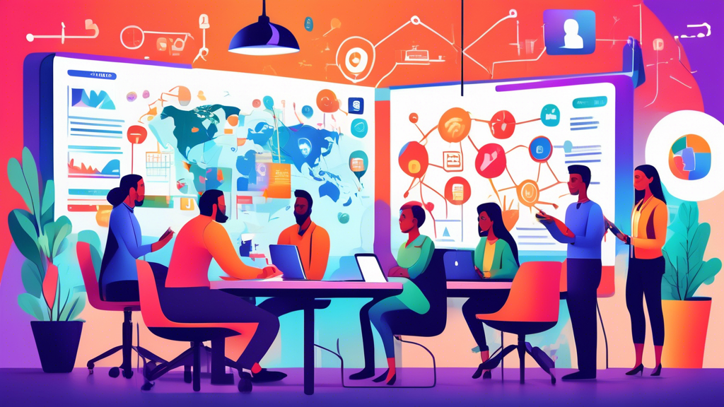 An illustration depicting a diverse group of professionals collaborating in a modern office environment, brainstorming social media marketing strategies. The background features screens displaying various social media icons, charts, and analytics. The atmosphere is energetic and creative, with vibrant colors and a mix of technology and teamwork elements. Include a map with a location pin marked 'You Are Here' to symbolize local marketing agencies.