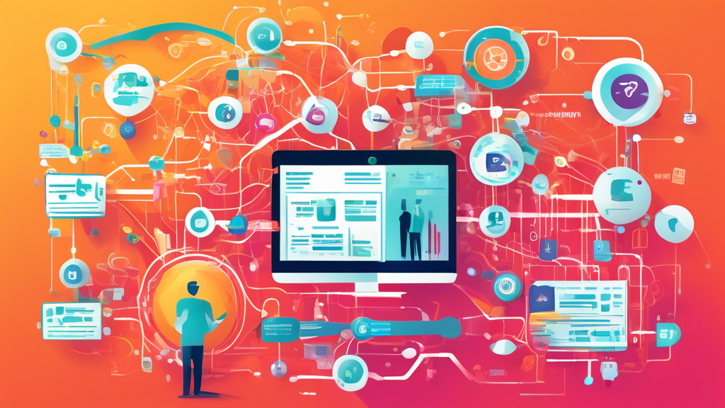 An infographic-style illustration depicting the inner workings of display ad networks. The image should feature interconnected elements such as websites, ad exchanges, advertisers, and consumers, with arrows showing the flow of information. Include icons representing digital ads, analytics, and audience targeting. Use a vibrant color palette and modern design elements to create an engaging visual representation of the display ad ecosystem.