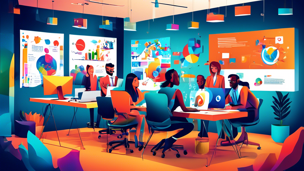 Create an illustration of a modern, lively office environment showcasing a diverse team of professionals brainstorming social media advertising strategies. Include visual elements like charts, social media logos, and creative mockups on digital screens. The atmosphere should exude collaboration and innovation, with colorful graphics representing various online platforms like Instagram, Facebook, and Twitter.